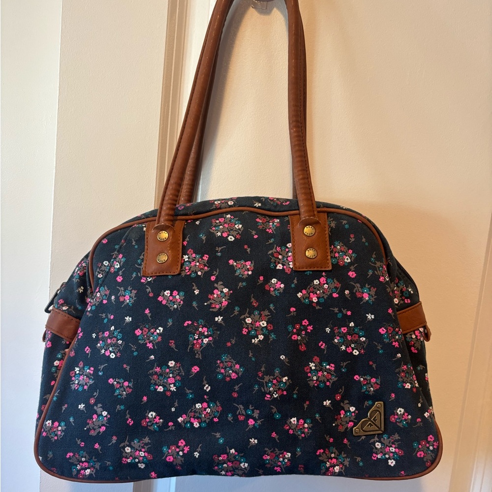 Roxy Floral Satchel with Brown Trim